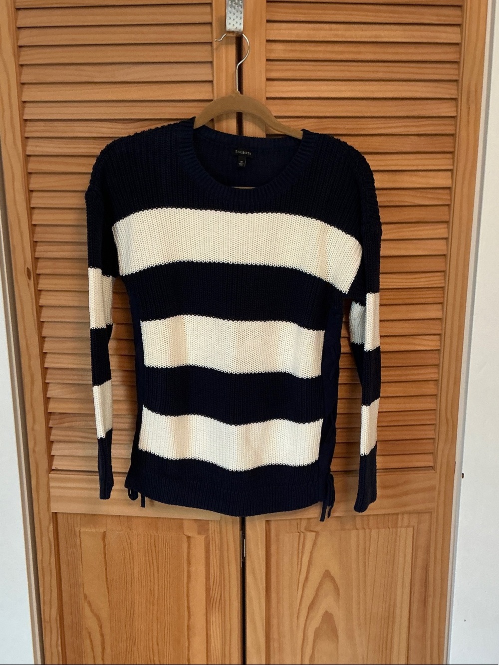 Talbots Navy and White Wide-Strip Crewneck Sweater